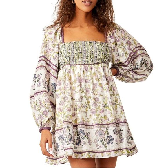 Free People Endless Afternoon Mini Dress Ivory Purple Green Floral Size Medium - Picture 5 of 9